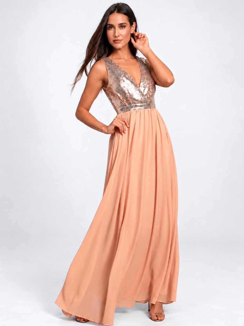 Lulus Elegant Encounter Rose Gold Sequin Maxi Dress Blush Small NWT